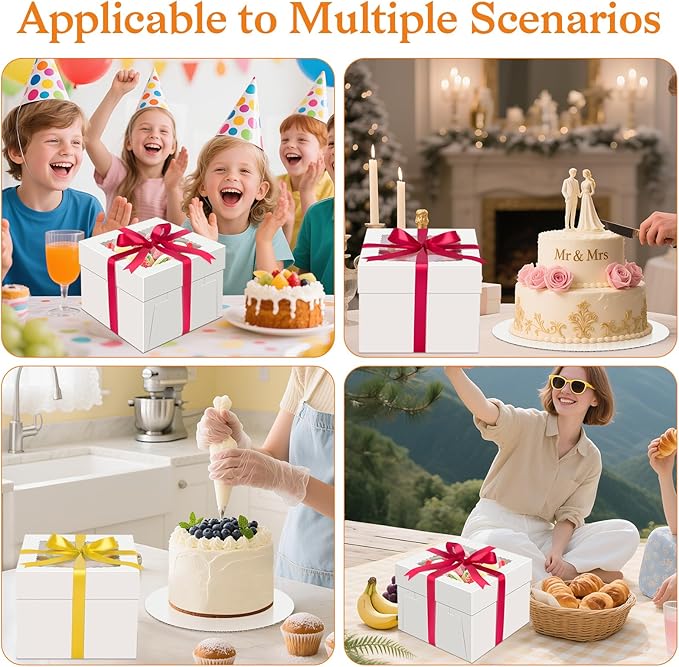 Sudaya 8x8x5 Cake Boxes with Window, Cake Boxes 8 inch with Cakes Box Ribbon Stickers, 8in Disposable Carry Bakery Containers Cajas Para Pasteles for Pies Party Wedding Gift Giving