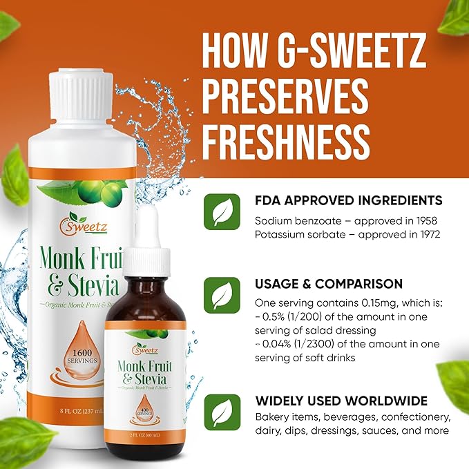 Monk Fruit & Stevia Liquid Sweetener Drops - Natural Sweeteners & Sugar Alternatives - Delicious Blend with No Bitter Aftertaste -Concentrated Sweetener Liquid Drops Extract – 8 Fl Oz (2 packs)