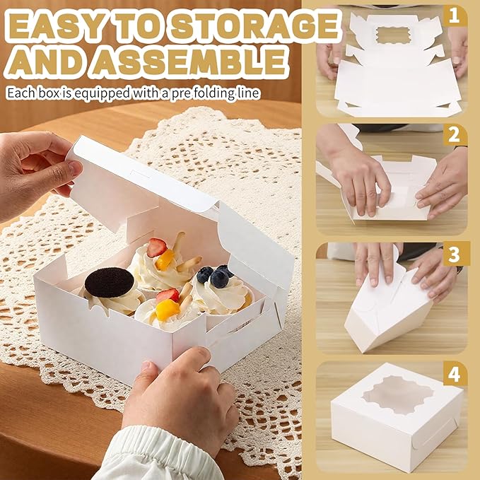 50pcs Cookie Boxes with Window, 6x6x3 Inches White Bakery Boxes, 60 Pcs Stickers,for Small Cookies, Treats, Candy, Desserts, Chocolate Covered Strawberries,Mini Cake Boxes