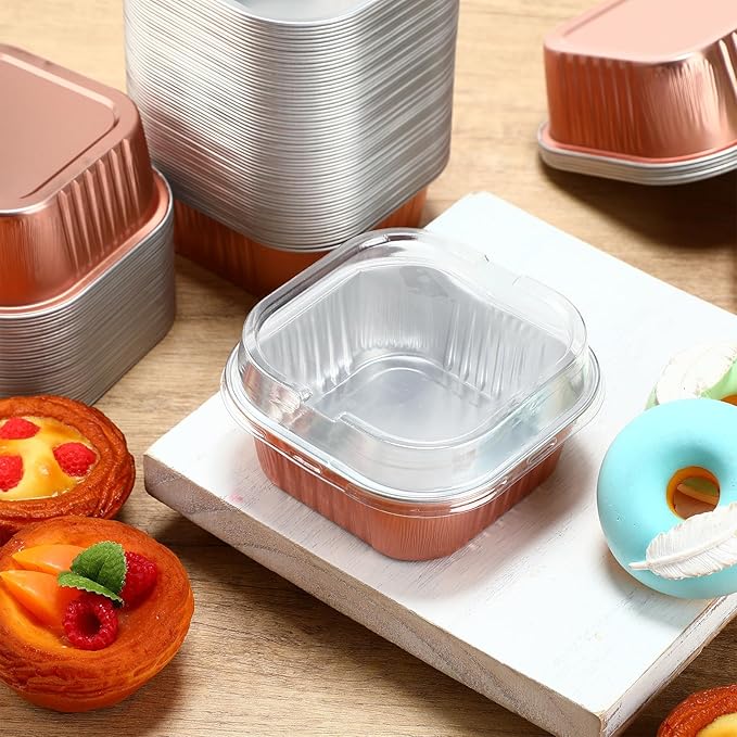 Aoriher 300 Pieces 10 oz Mini Cake Pans with Lids, Aluminum Foil Baking Cups, Square Disposable Cupcake Cups Baking Tins for Wedding Birthday Party Supplies(Champagne)