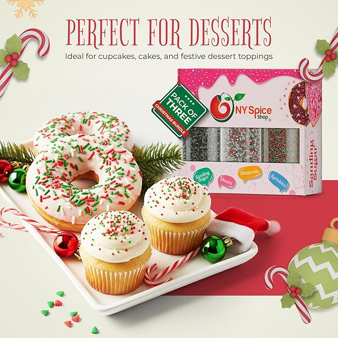 NY Spice Shop Christmas Sprinkles Nonpareils & Sanding Sugar – Red Green White Nonpareils & Sprinkles - Edible Christmas Festive Cooking Decor Sprinkle - Candy Cane Sprinkles for Baking and Dessert Toppings