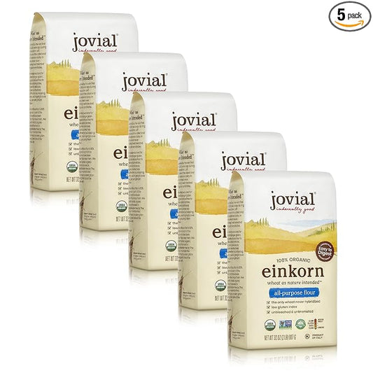 Jovial Organic Einkorn Unbleached All Purpose Flour - Bread Baking Flour for Sourdough, High Protein, Non-GMO, Organic Pizza & Pasta, European Italian, Glyphosate Free - 32 Oz, 5 Pack