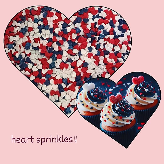 Confect Heart Dessert Sprinkles – Red, White & Navy Blue | Edible Baking Sprinkles for Cake Decorating, Cookies, Cupcakes & Ice Cream | Vegan, Gluten-Free, Soy-Free, Dairy-Free, Palm Oil-Free- 4.2 Oz