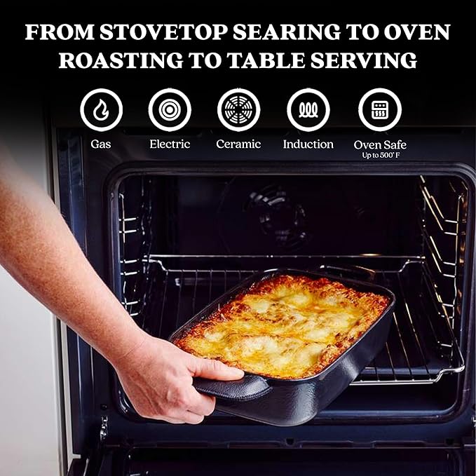 Alva Nori Enameled Cast Iron Roasting Pan 12x8" – Made With No PFAS/PTFE/PFOA, Oven & Induction Safe – 3-Layer Enamel, No Seasoning Needed – Durable, Easy-Clean Bakeware for Healthy Cooking, Black