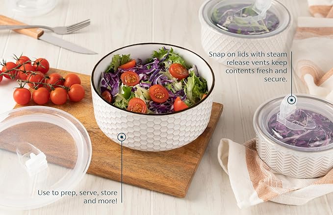 KooK Mixing Bowls, with Lids, Ceramic Nesting Bowls. Space Saving, Set of 4, Embossed, Kitchen, Prep, Stackable, Mix, Gift, Microwave and Dishwasher Safe, 16/29/47/70 oz, Narbonne Collection (Ivory)