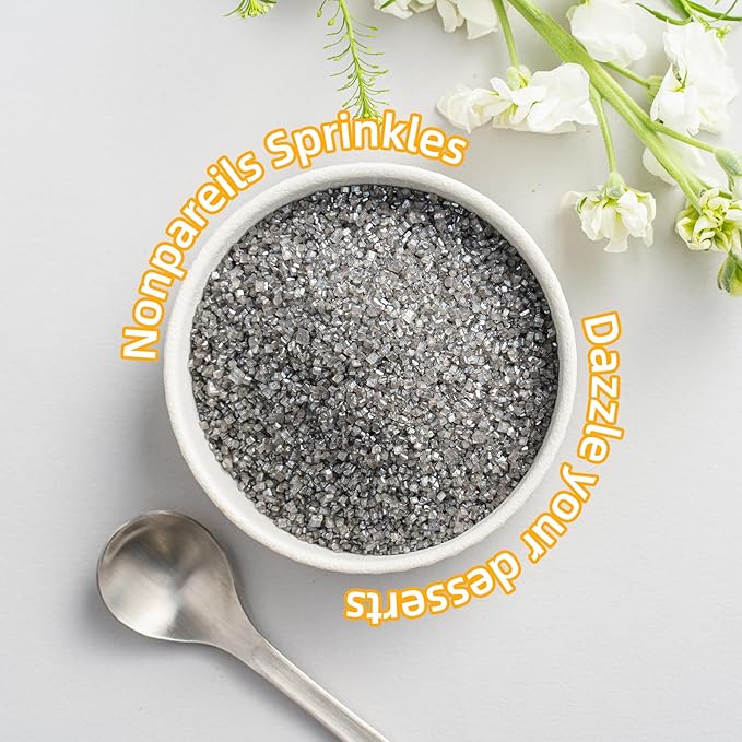 Sujoygar Silver Saning Sugar Sprinkles, 5oz Edible Silver Grey Sugar Crystals for Cocktails, Cake Sprinkles for Chocolate Ice Cream Toppings Cupcake Decoration Wedding Party Cookies Baking Dessert Food Supplies