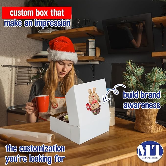 MT Products Custom Printed Bakery Boxes - 14" x 14" x 5" White Customizable Cake, Cookie and Pie Boxes with Logo - Made in the USA