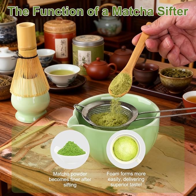 Matcha Whisk Set, 8 Piece Japanese Matcha Making Kit with Ceremony Set with Sifter, Bowl, Holder, Whisk, Scoop for Traditional Tea Ceremony, Ideal Gift for Home & Kitchen