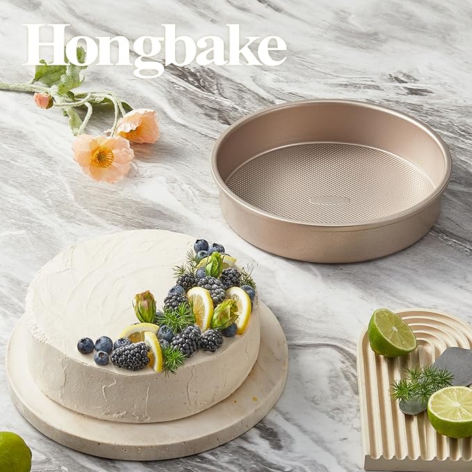 HONGBAKE 9 Inch Round Cake Pan Set of 2, Nonstick Ceramic Coating Cake Molds with Diamond Texture, Aluminized Steel Cake Pans Sets for Baking & Cheesecake, Heavy Duty & Non-Toxic (Gold, 2PCS)