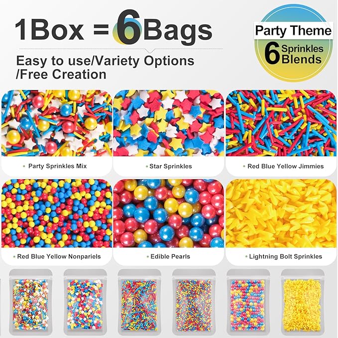 HUEBEATY 6-in-1 Sprinkles for Cake Decorating – 180g Red Blue Yellow Cake Sprinkles Mix with Flash Lightning Bolt Confetti, Jimmies, Nonpareils, Stars & Pearls – Edible Cakes, Cupcakes, Cookies & Ice Cream Topper Decorations (Primary)