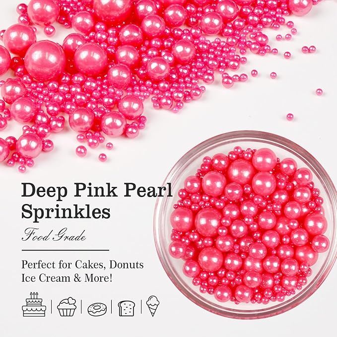 Deep Pink Pearl Sprinkles, Edible Candy Sugar Pearls, 150g/5.29oz, Pink Sprinkles for Cake Decorating, Baking Cake Decorations, Cupcakes, Foodgrade Toppers, Wedding Party Chirstmas Supplies