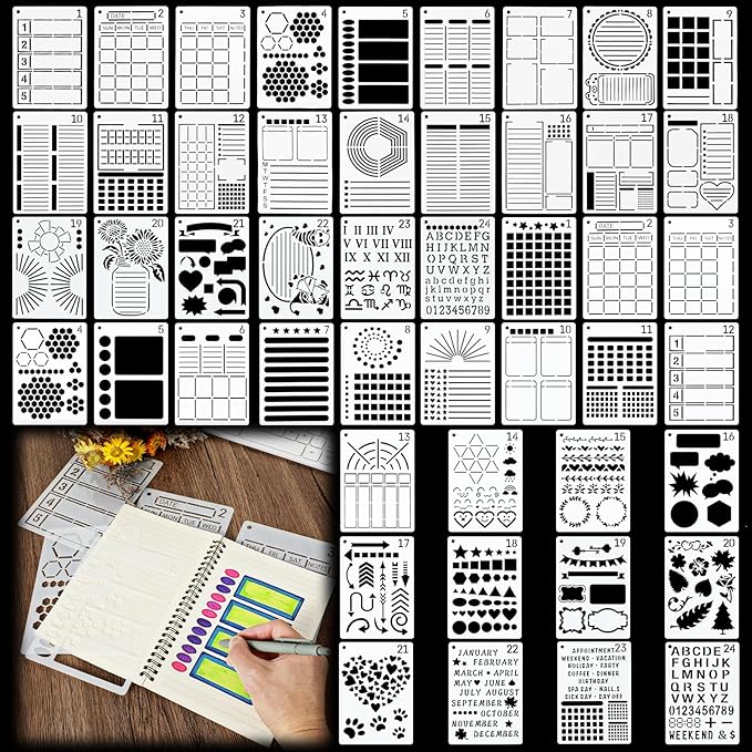 48 Pcs Planner Stencils for Crafts, Multiple for Journal Stencils Dotted Notebooks, Planner Stencil Drawing Accessories Kit for Scrapbooking Cards DIY Projects(7x5 Inch)