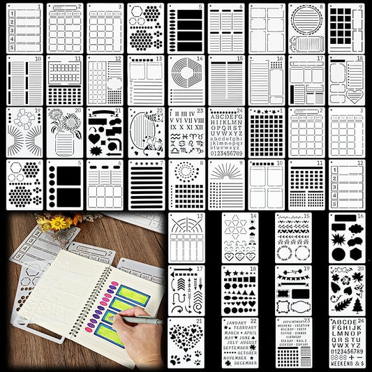 48 Pcs Planner Stencils for Crafts, Multiple for Journal Stencils Dotted Notebooks, Planner Stencil Drawing Accessories Kit for Scrapbooking Cards DIY Projects(7x5 Inch)
