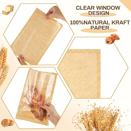 Outus 100 Pcs Cookie Packaging Bags with Seal, 6 x 10 Inch Bakery Pastry Bags with Window, Heat Sealable Grease Resistant Paper to Go Bake Sleeves for Gift Giving Donut Bread Sandwich (Brown)