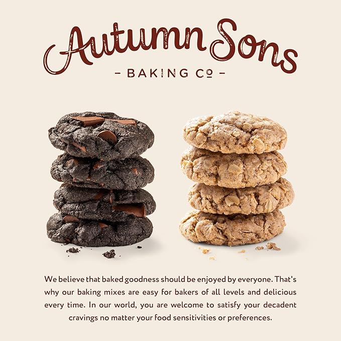 Autumn Sons Baking Co. Gluten Free Double Chocolate Chunk & Oatmeal Cinnamon Cookie Mix Combo Pack. Vegan Plant Based Baking Mix. Top 9 Allergen Free. 9.3 oz (Pack of 2)