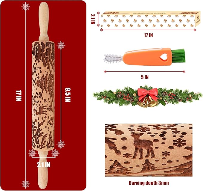 17" Premium Wooden Rolling Pins for Baking with Reindeer Embossed Designs | 3mm Deep Springerle Cookie Molds | Christmas Rolling Pin & Baking Gifts for Women | Includes 3-in-1 Cleaning Brush