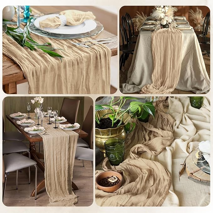 12 Pack Beige Cheesecloth Table Runner 17x108 Inch Semi Sheer Boho Gauze Cheese Cloth Fabric Table Runners, for Wedding Party Baby Shower Birthday Home Decor Garden Farmhouse