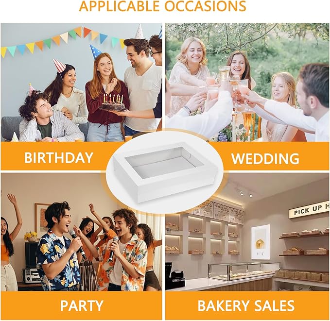 Aufind 12pcs Cake Boxes with Cake Board, 14x10x4 Inches White Bakery Boxes with Large Window for Quarter Sheet Cakes, Donuts, Cupcakes, Pastry & Pies