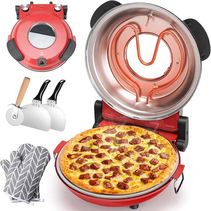 KEENSTAR Electric Pizza Oven Indoor with Glazed Ceramic Stone, 12-Inch Portable Countertop Pizza Maker with Adjustable Timer, 1200W Heat up to 800°F Pizza Maker with Viewing Window for Home DIY Pizza