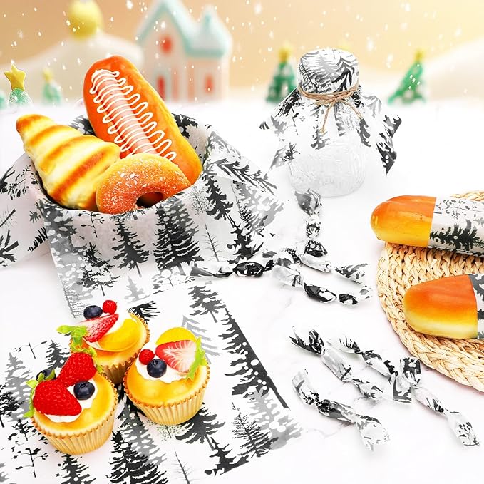 150Pcs Christmas Tree Deli Paper, 9.8 x 8.3'' Forest Grease Proof Food Deli Sheets, Resistant Sandwich Wrap Liners Greaseproof Food Wax Paper for Xmas Winter Party Supplies (Black)