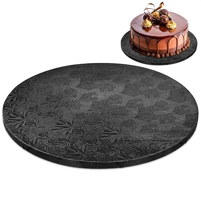 12 Inch Cake Drum - Black Round 12 Inch Cake Boards for Holiday Dessert Presentation, Grease and Moisture Resistant, Thick Durable Material with Fancy Pattern, Great for Christmas Parties & Birthdays