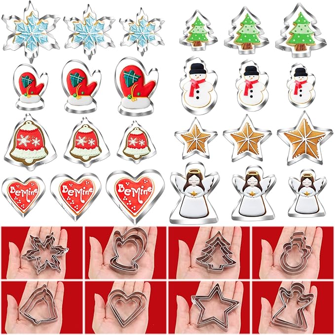 Lezmarket Christmas Cookie Cutters, 24Pcs 8Shapes Winter Holiday Cookie Cutter Set in 3Sizes, Stainless Steel Metal Cookie Cutter- Snowman, Christmas Tree, Snowflake, Angel, Star, Heart, Bells