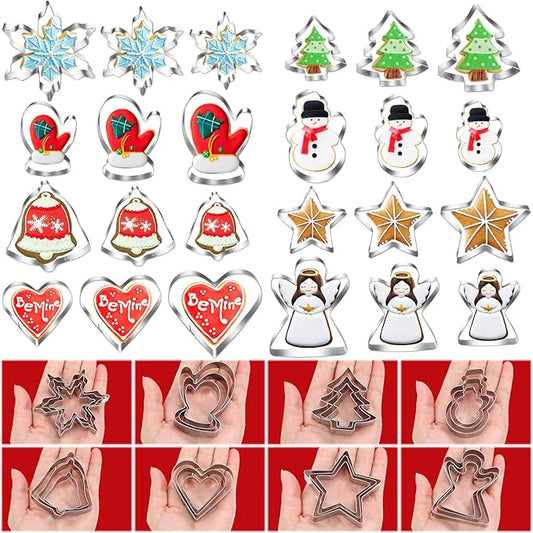 Lezmarket Christmas Cookie Cutters, 24Pcs 8Shapes Winter Holiday Cookie Cutter Set in 3Sizes, Stainless Steel Metal Cookie Cutter- Snowman, Christmas Tree, Snowflake, Angel, Star, Heart, Bells