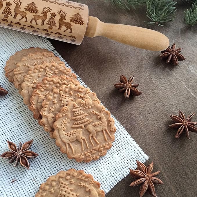 4Pack Christmas Wooden 3D Rolling Pins Embossed, Embossing Rolling Pin with Engraved Christmas Themed Symbols for Baking Embossed Cookies,Rolling Pin Kitchen Tool(14 in)