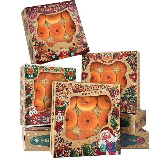 qiqee Christmas Kraft Cookie Boxes with Window 12packs 8x8x2.5 Inch Bakery Box Pastry Box for Christmas