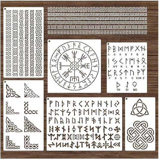 Runes Stencils for Painting on Wood Stones Reusable Celtic Border Ancient Alphabet Viking Symbol Stencils for Crafts Canvas Furniture Wall Drawing Card Making Pattern Decorative (Runes)