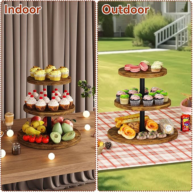 IBUYKE 3 Tier Cupcake Stand,Wood Durable Cupcake Tower,Round Serving Display Stand,Dessert Table Display Tree Tower for Birthday,Home Party, Wedding, Baby Shower,Rustic Brown UTLJ017H