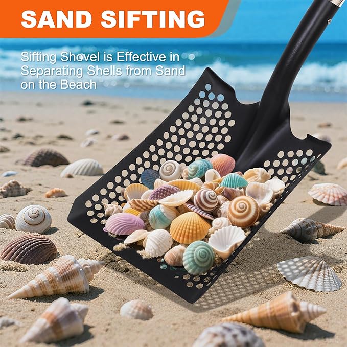HIGHLIGHT Detachable Sifting Shovel - 45 Inch Sand Sifter with Ergonomic D-Grip Handle for Beach, Garden & Farm Cleaning - Fiberglass Handle & Powder Coated Steel