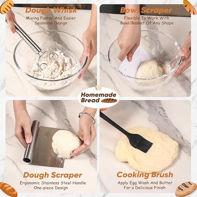 Complete Sourdough Starter Kit - 24 PCS 𝗣𝗥𝗘𝗠𝗜𝗨𝗠 Sourdough Bread Baking Supplies for Modern Kitchen, 9" Round Banneton Bread Proofing Baskets Making Tools for Beginners & HomeBakers