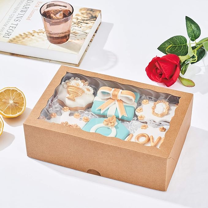 48PCS 10 x 7 x 2.5 inches Premium Bakery Boxes for Cookies Boxes, Strawberries Boxes with Clear Window, Brown Natural Kraft Paper Box