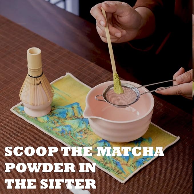 Pink Matcha Whisk Set 5pcs Matcha Set With A Bowl, Mini Whisk And Holder, Bamboo Scoop And Stainless Steel Sifter Perfect Matcha Kit For Gifts