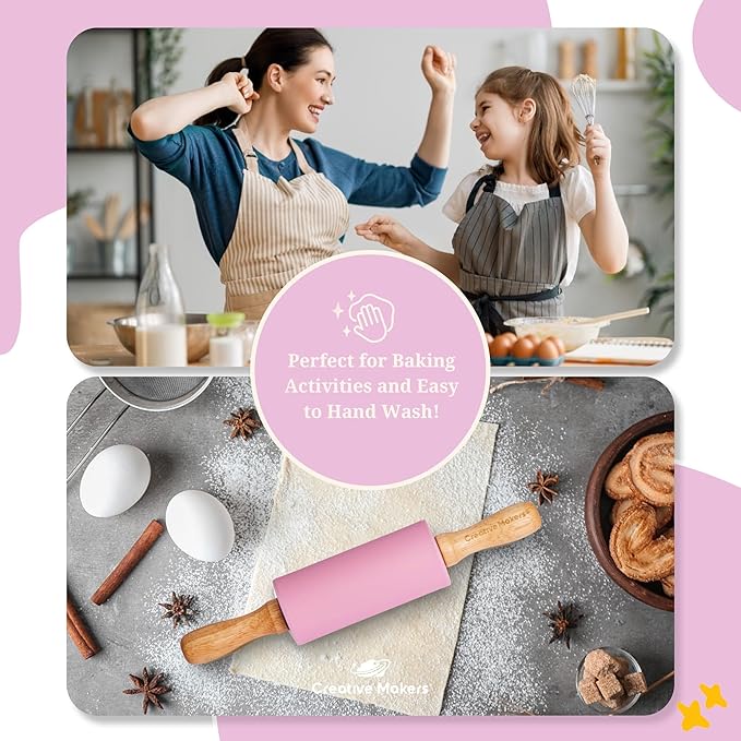 Small Rolling Pin for Kids, Non-Stick Silicone Surface with Wooden Handles for Play Dough and Baking Rolling Pin (Light Pink)