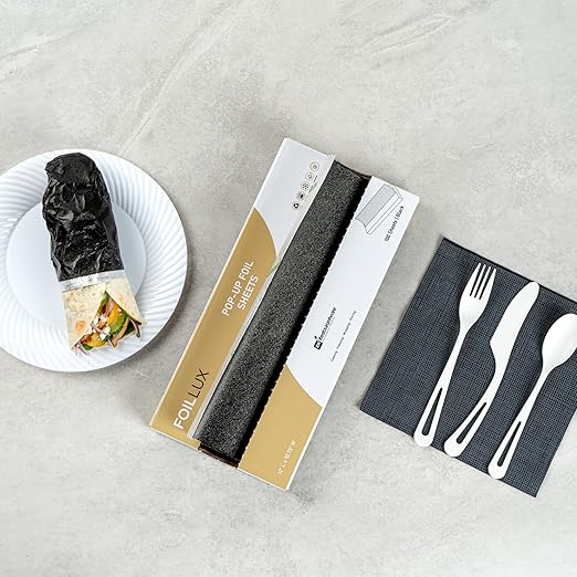 Foil Lux 12 x 10.8 Inch Pop-Up Foil Sheets, 100 Disposable Foil Papers For Food - Orange Peel Embossing, Interfolded, Black Aluminum Foil Sheets, Greaseproof, Freezable, Oven Ready - Restaurantware