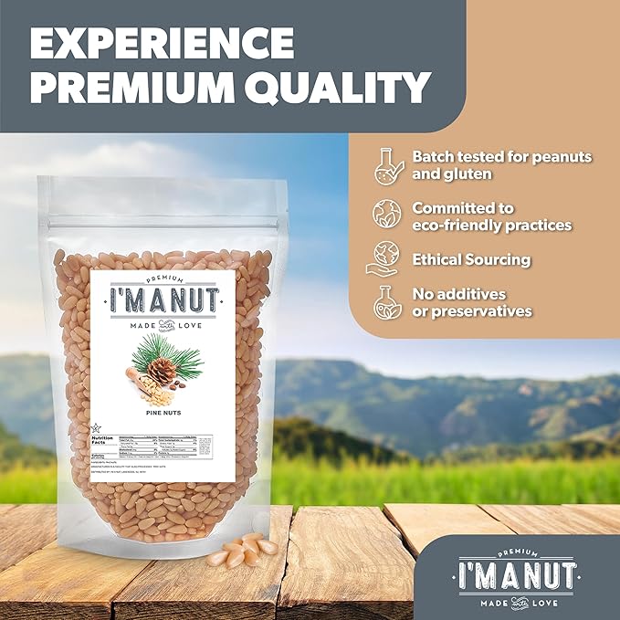 Premium Raw Pine Nuts 8oz Non-GMO, No Additives Batch Tested Gluten & Peanut Free, Resealable Pouch for Freshness, Unsalted Pine Nuts - Perfect for Pesto, Salads, Gourmet Cooking and Baking