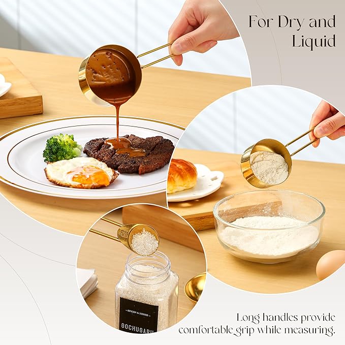 Gold Stainless Steel Measuring Cups and Spoons Set, Engrave Measurements, Dishwasher Safe, Durable Kitchen Set