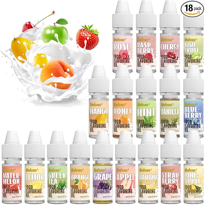 Food Flavoring Oil, 18 Flavors Candy Flavoring, Concentrate Imitation Flavor Extract for Baking, Lip Gloss, Drinks, Cooking, Soap - Water & Oil Soluble - .25 Fl Oz (6 ml) Bottles