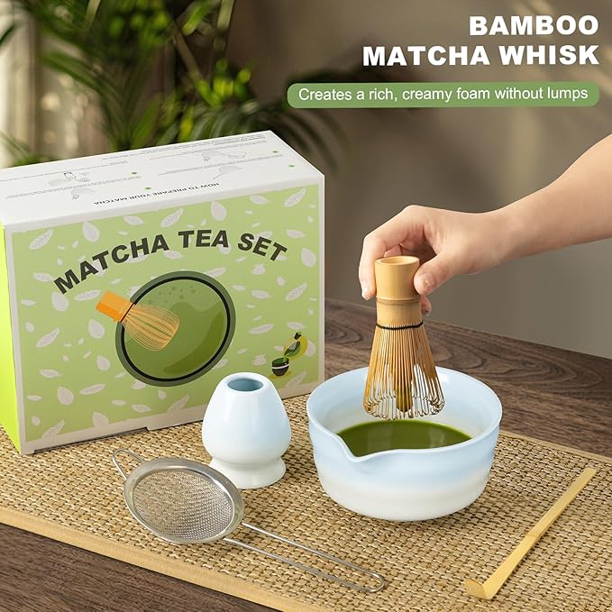 Matcha Whisk Set,Ceramic Matcha Kit Set Includes Bowl with Spout, Whisk,Holder,Bamboo Scoop and Sifter,5 pcs Matcha Tea Kit for Matcha Lovers, Ideal Gift Christmas, Birthday (Blue gradient)