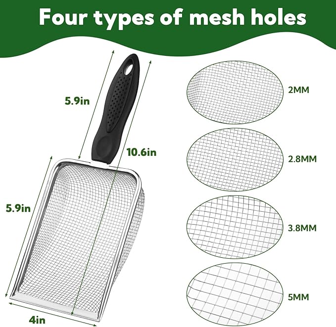 4-Pack Stainless Steel Soil Sifter Set with Handle, Multi-Mesh Garden Sifter for Compost, Sand, Rocks - Gardening Tool & Reptile Sand Scoop for Litter Cleaning, Beach Shell Sifting