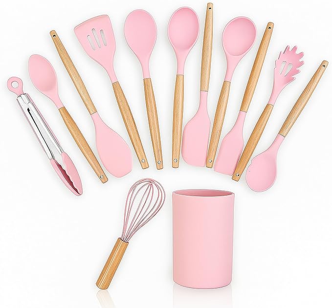 Pink Silicone Kitchen Utensil Set 12-Piece – Heat Resistant Cooking Tools with Wooden Handles, Non-Stick Spatula, Spoon, Whisk, Tongs, and Holder