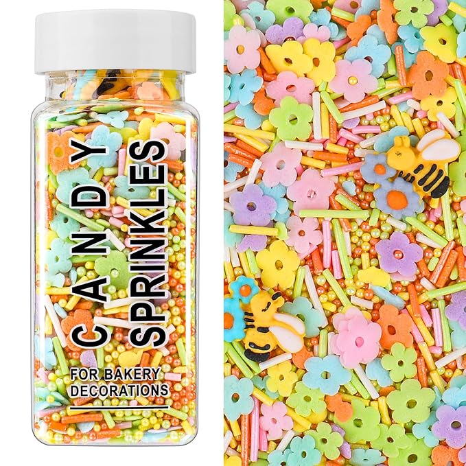 Flower Sprinkles for Cake Decorating, Edible Spring Colorful Sprinkles with Flowers Bees Green Pearls for Cake Cupcake Baking Cookie Toppings