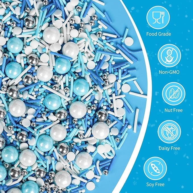 Christmas Edible Blue Silver White Sprinkles,Winter Jimmies Pearls Mix,130g/4.58oz,Perfect for Cake Decorations,Cake and Cupcake Sprinkles with Assorted Shapes and Sizes for Parties Baking, Ice Cream, Cookies, Cupcake Topper