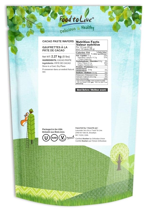 Food to Live Cacao Paste Wafers, 5 Pounds - Premium Raw Cacao Liquor, Pure, Unsweetened, Vegan, Bulk. Rich in Antioxidants, Essential Minerals. Perfect for Homemade Desserts, Chocolate Bars