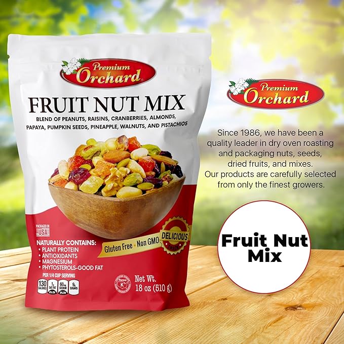 FRUIT NUT MIX TRAIL MIX by PREMIUM ORCHARD - Gourmet Trail Mix Bulk Blend of Mixed Nuts & Dried Fruit - Healthy Vegan Snacks, Snack Nut Mix, Plant Protein Source, Non-GMO, Natural - 18oz (3 Pack)