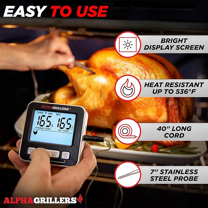 Alpha Grillers Turkey Thermometer Oven Safe Leave in - Digital Meat Thermometer Probe - Large Display with 7 Preset Temp Alerts, Timer & Alarm