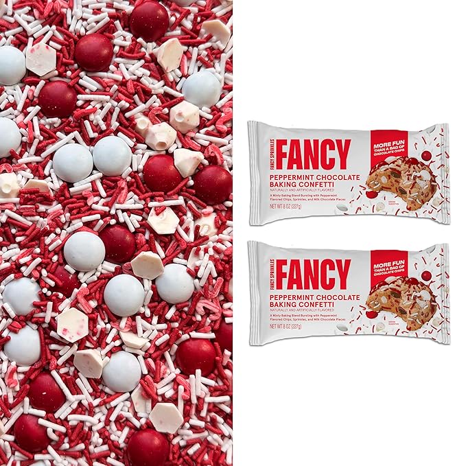 Fancy Sprinkles Limited Edition Holiday Peppermint Chocolate Baking Confetti Sprinkles and Chocolate Pieces, Peppermint Flavored Chips, Sprinkles and Milk Chocate Pieces 8 oz Bag (2 Pack)