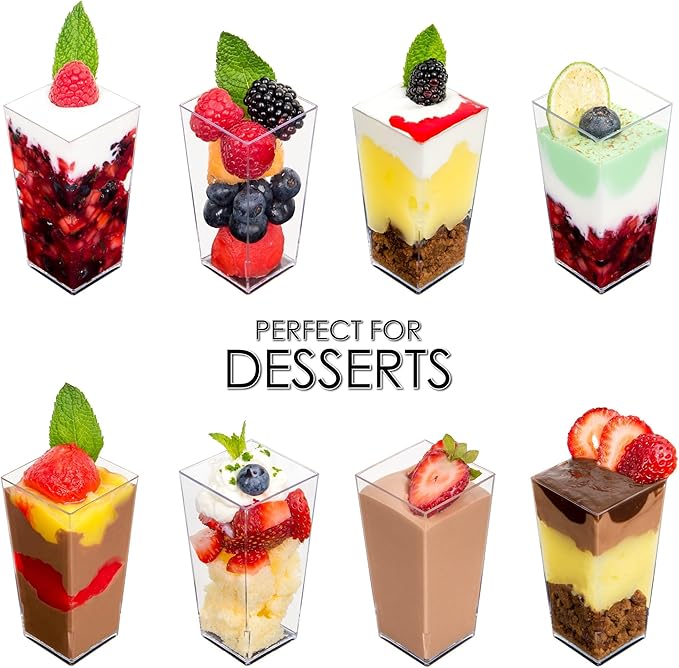 DLux 100 x 3 oz Mini Dessert Cups with Spoons and Lids, Square Tall - Clear Plastic Parfait Appetizer Cup - Small Reusable Serving Bowl for Party Desserts Appetizers - With Recipe Ebook